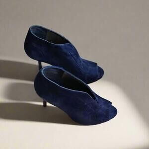 Navy Blue Suede Peep-Toe Pumps